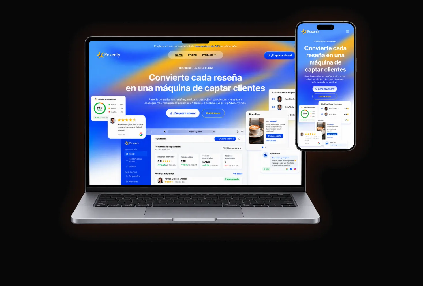 La web de Resenly en un portátil y un móvil