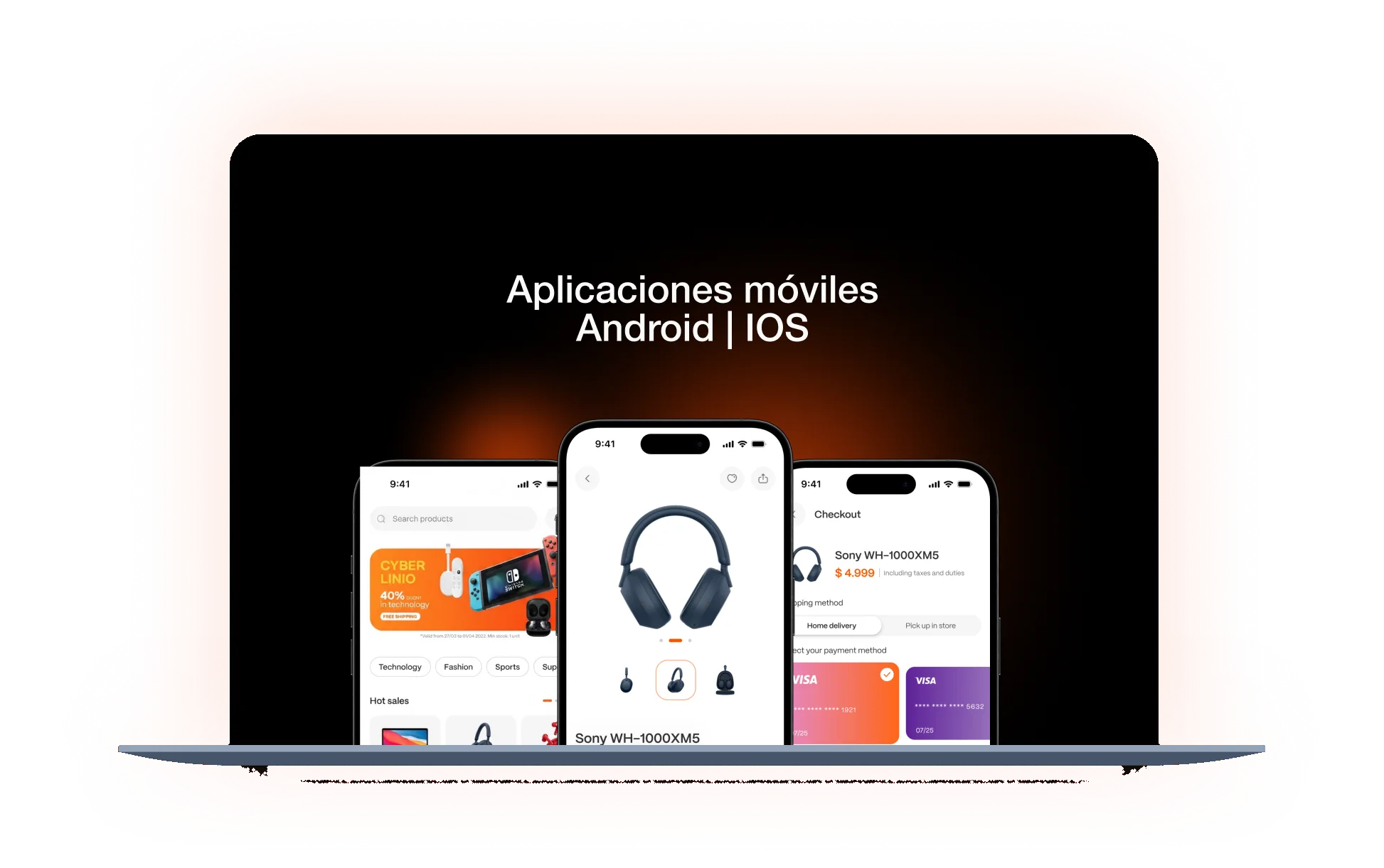 Aplicaciones móviles Android | IOS: tres pantallas de una tienda online delante de un portátil