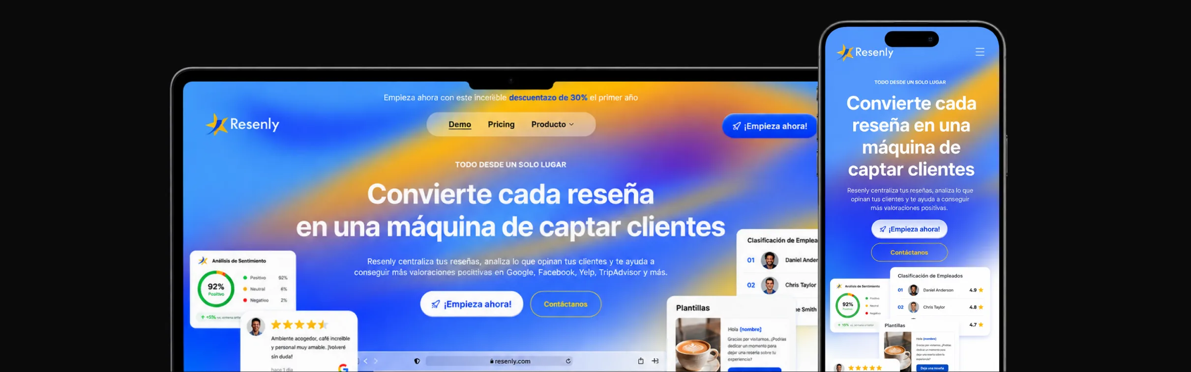 La web de Resenly en un portátil y un móvil